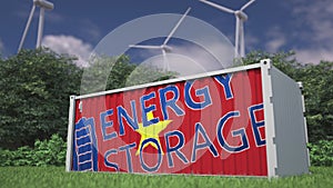 Industrial battery with flag of Vietnam and ENERGY STORAGE text at wind turbines. Green power concept. 3d rendering