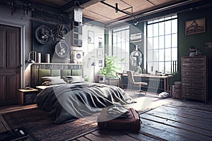 Industrial bedroom with a desk and a plant. Real estate. Real estate agent. Interior decorator. Home staging.