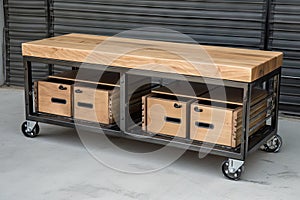 industrial bench, with built-in storage and wheels for easy mobility
