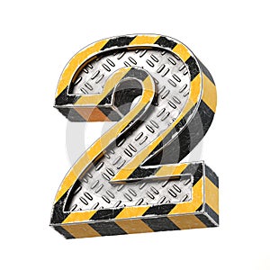 Industrial black and yellow striped metallic font, 3d rendering, number 2