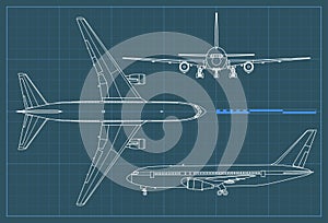 Industrial blueprint of airplane. Vector outline drawing plane on a blue background. Top, side and front view.