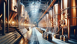 Industrial Brewery Interior with Copper Vats and Barrels