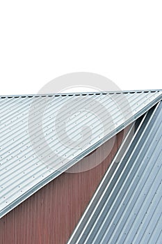 Industrial building roof sheets, grey steel rooftop pattern, isolated rifled roofing panels, large detailed ocher painted wood