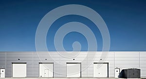 Industrial building with white garage doors under blue sky