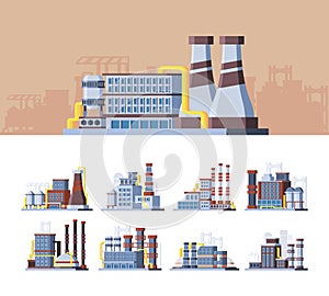 Industrial buildings colorful flat vector illustrations set