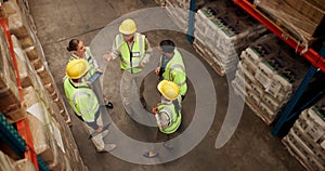 Industrial, business team and factory talk with management, logistics and manufacturing planning in a warehouse