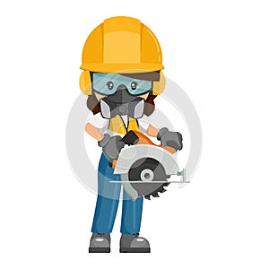 Industrial cabinetmaker or carpenter worker woman in her personal protective equipment using a circular woodcutter. Industrial