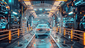 Industrial car Manufacturing Facility With Numerous Machines, holographic wireframe digital visualization