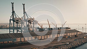 Industrial cargo city port. Logistics, transportation. International transport industry. Big cranes