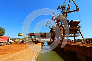 Industrial cargo port with operating cranes on the Danube river