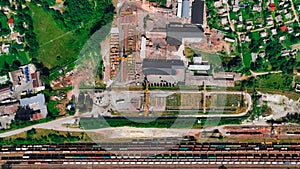 industrial cargo rail station train and wagons aerial photography from drone