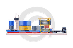 Industrial Cargo Ship, Freight Transportation Vector Illustration on White Background