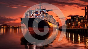 Industrial Cargo ship with large containers in harbor at sunset AI Generated