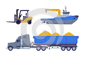 Industrial cargo transport set. Loaded dump truck, forklift and cargo ship flat vector illustration