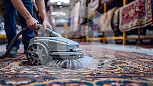 Industrial carpet cleaner in action on an ornate rug. Precision cleaning in a carpet showroom. Concept of rug
