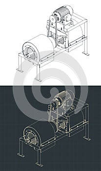Industrial centrifugal air blower isometric blueprints