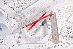 Industrial chain drawings, engineering compass, ruler and pencils