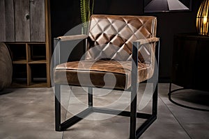 industrial chair with a leather or faux-leather seat, metal legs and wooden armrests