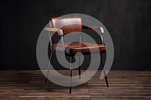 industrial chair with a leather or faux-leather seat, metal legs and wooden armrests