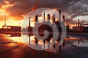 industrial chemical plant with smokestacks at sunset