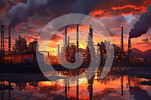 industrial chemical plant with smokestacks at sunset