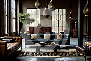 Industrial Chic Interior Design with Vintage Moroccan Rugs, Leather Couches and Wood Tables. Generative AI.