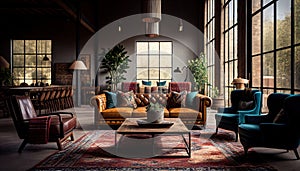 Industrial Chic Interior Design with Vintage Moroccan Rugs Leather Couches, and Wood Tables. Generative AI.