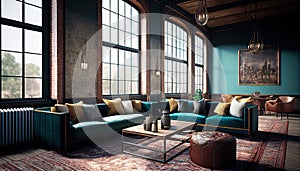 Industrial Chic Interior Design with Vintage Moroccan Rugs, Leather Couches and Wood Tables. Generative AI.