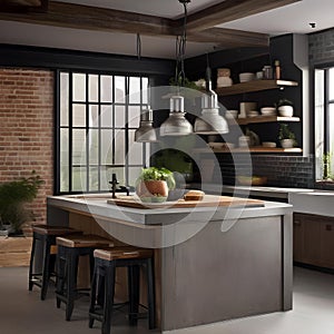 An industrial-chic kitchen with concrete countertops, subway tiles, and reclaimed wood accents3