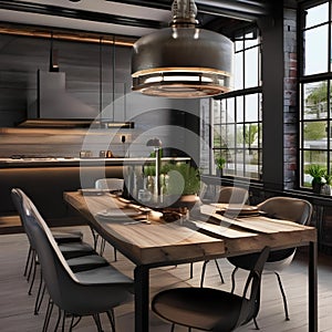 An industrial-chic loft dining area with a reclaimed wood table and metal chairs2