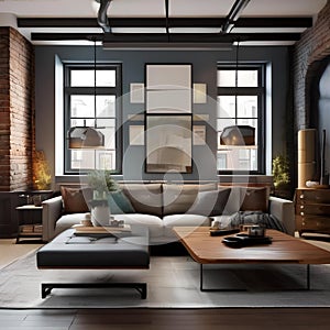 An industrial-chic loft living room with exposed pipes and salvaged wood coffee tables1