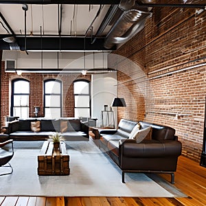 Industrial Chic: A loft-style living room with exposed brick walls, metal piping, and salvaged factory lights Leather sofas and