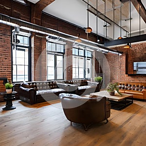 Industrial Chic: A loft-style living room with exposed brick walls, metal piping, and salvaged factory lights Leather sofas and