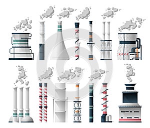 Industrial chimney. Cartoon coal smoke stack with gas exhaust pipe, industrial refinery smokestack with toxic fumes, eco