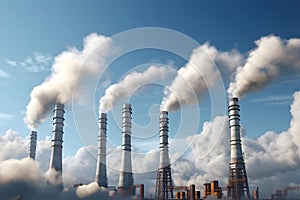 Industrial chimney towers with smoke. Pollution and contamination air quality