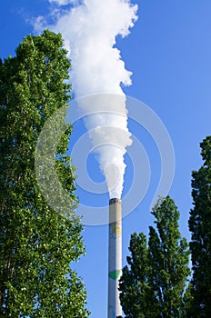 Industrial chimney between trees