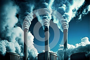 industrial chimneys emitting white smoke against a blue sky