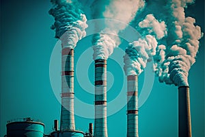 industrial chimneys emitting white smoke against a blue sky