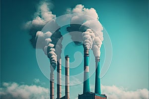 industrial chimneys emitting white smoke against a blue sky