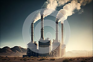 industrial chimneys emitting white smoke against a blue sky