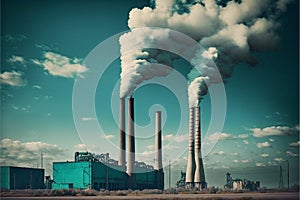 industrial chimneys emitting white smoke against a blue sky