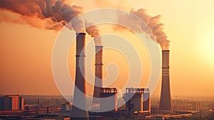 Industrial chimneys in the evening light, global warming, toxic air at sunset. industry. Generative Ai