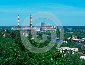 Industrial chimneys landscape background