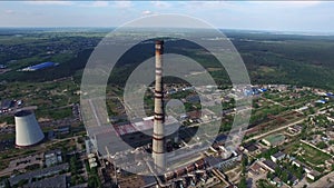 Industrial chimneys on power plant. Aerial view chimneys on chemical factory