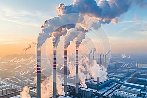 Industrial chimneys releasing smoke into the sky