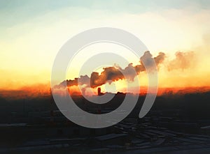 Industrial chimneys during sunset illustration