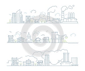 Industrial city landscape. Factory urban smog buildings and steam clouds transport bad environment vector linear