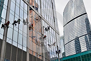 Industrial climber washes glass on the facade of a skyscraper