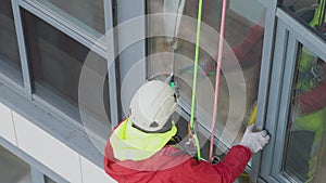 Industrial climber washes windows hanging on safety ropes