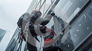 Industrial Climber Washing High-Rise Windows in the Snow. Generative ai